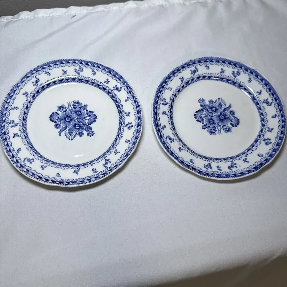 Arabia Finland Set Of 2 Saucers Blue and White Floral Print Glazed Beautiful